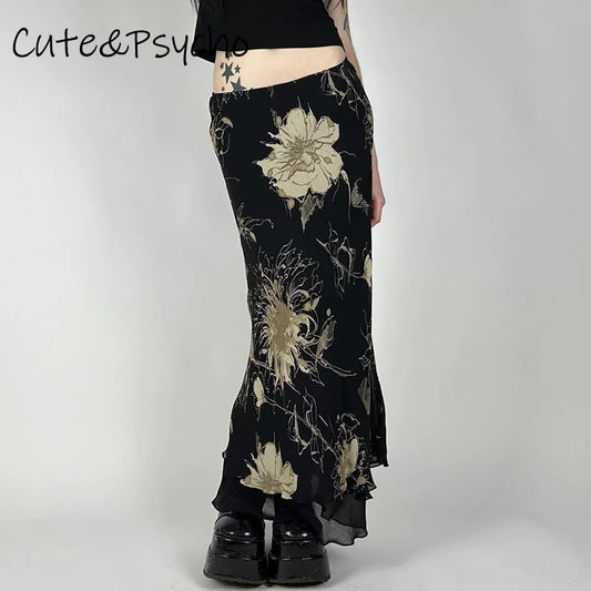 fashion Retro Floral Print Long Skirts Aesthetic 90s Fairycore Grunge Bottoms for Women Chic Y2K Fashion Two-layers Skirts