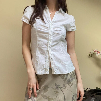 fashion Turn-Down Neck Solid Tee Shirts for Women Short Sleeves Aesthetic Y2K Tops Vintage Fashion Ruched Lace-up Clothes