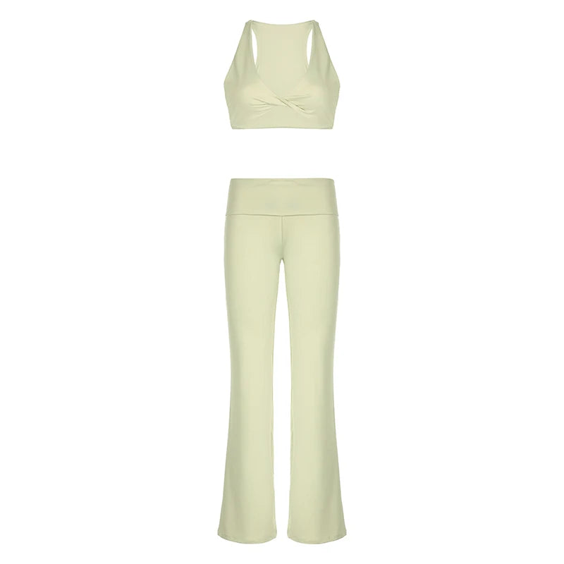 fashionCasual Yoga Solid Flare Pants Suit Streetwear Slim Sexy Sport Fashion Basic Set Vintage Bodycon Elastic Twinset