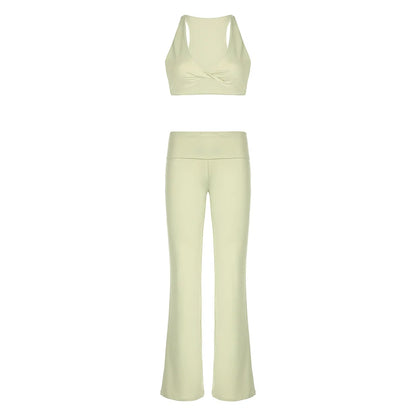 fashionCasual Yoga Solid Flare Pants Suit Streetwear Slim Sexy Sport Fashion Basic Set Vintage Bodycon Elastic Twinset