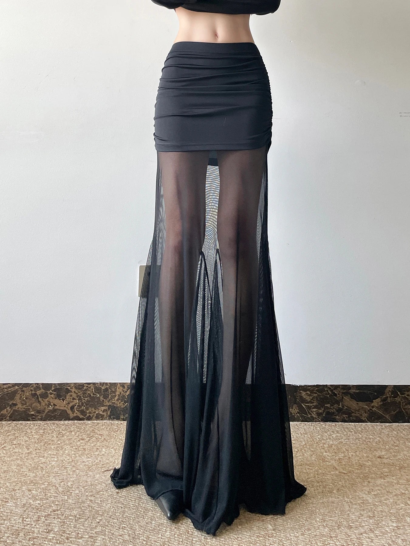 fashion Vintage Sexy Solid Mesh Skirts Low Waisted   Aesthetic Korean Outfits Clubwear Long Black Knitted Women's Bottom