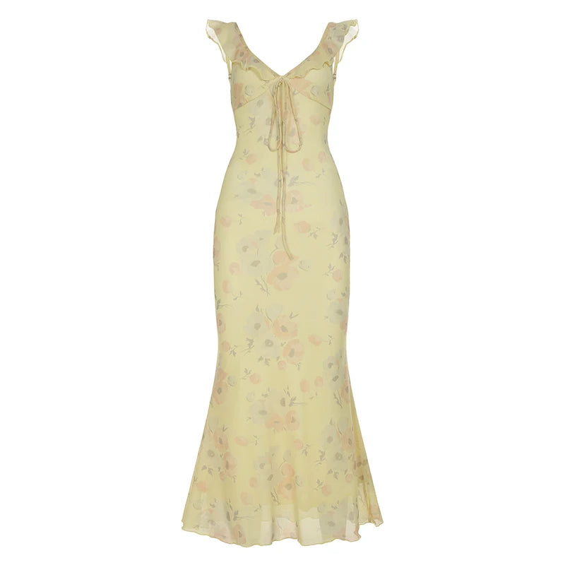 fashion Floral Print Ruffles Dresses Sexy Printed Fish Tail Party Dress Summer Chic Harajuku Vacation Long Outfits