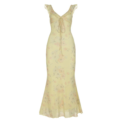 fashion Floral Print Ruffles Dresses Sexy Printed Fish Tail Party Dress Summer Chic Harajuku Vacation Long Outfits