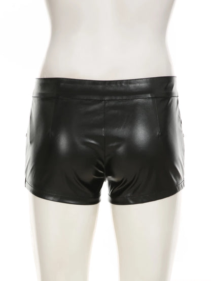 fashion Bandage Metal Pockets Dark Shorts Leather Sexy Hottie Bodycon Fashion Solid Clothes Casual Streetwear Bottoms