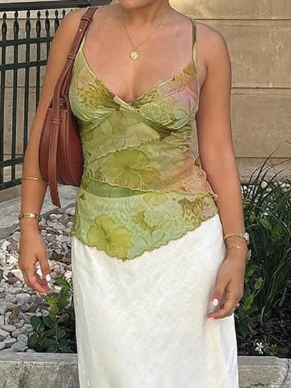 fashion Floral Print   Deep V-neck Camisole Backless Basic Streetwear 90s Slim Crop Tank Top Fashion Casual  Retro Vest