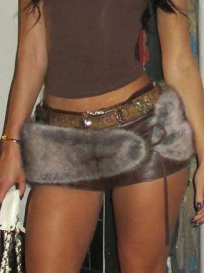fashionLow Waisted Mini Leather Shorts Vintage Chic Furry Belts Casual Y2K Aesthetic Fashion Elastic Waist Bottoms