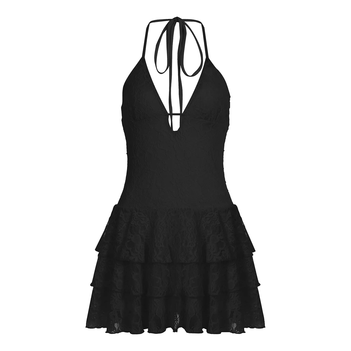 fashionLace Halter Layered Sexy Dress Hollow Out Backless Solid Streetwear Elegant Elastic Evening Dress Slim Outfits