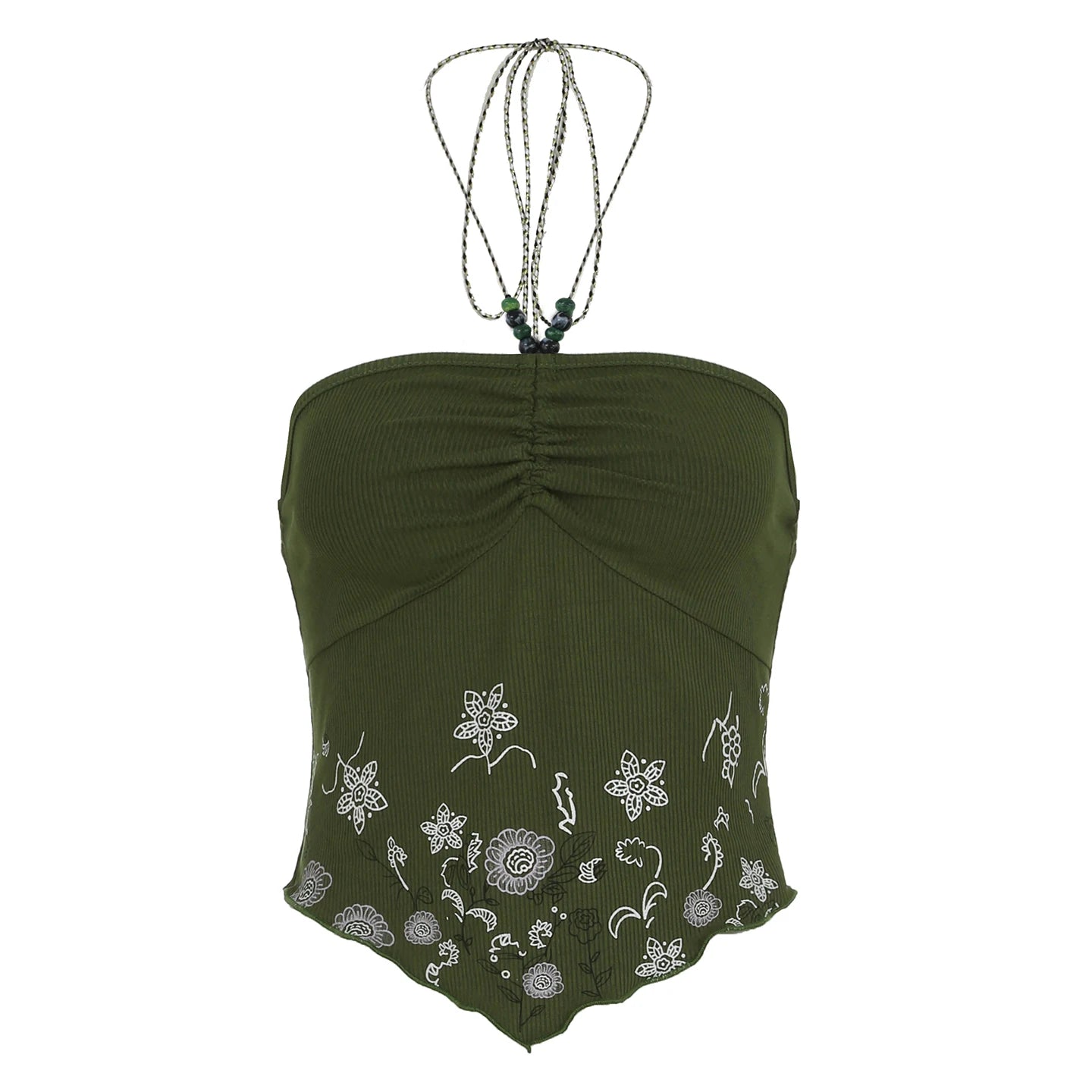 fashionRetro Floral Print Beads Sexy Camisole Vintage Streetwear Slim Backless Elastic Top Irregular Shirring Bustier