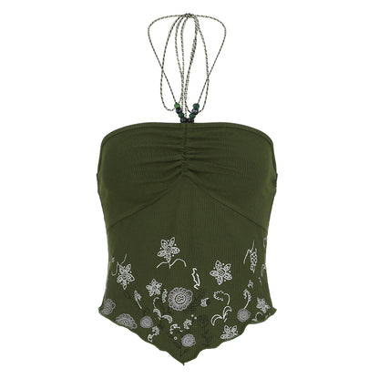 fashionRetro Floral Print Beads Sexy Camisole Vintage Streetwear Slim Backless Elastic Top Irregular Shirring Bustier