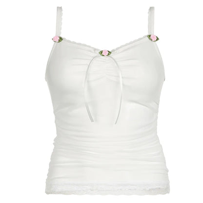 fashionLace Patchwork Solid Camis Sleeveless Bow Spagetti Strap Y2K Top Aesthetic 90s Harajuku Cute Women's White Outfits
