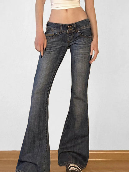 fashionFashion Low Waisted Washed Flared Jeans Button Harajuku Aesthetic Pants Streetwear Basic Slim Pockets Y2K Bottoms