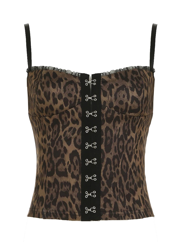 fashionVintage Leopard Print Sleeveless Camisoles Y2K Sexy Hot Botton Backless Clothes Fashion Retro 90s Women's Outfits