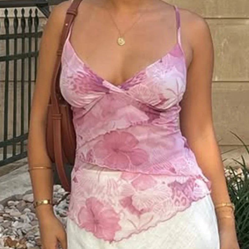 fashion Floral Print   Deep V-neck Camisole Backless Basic Streetwear 90s Slim Crop Tank Top Fashion Casual  Retro Vest