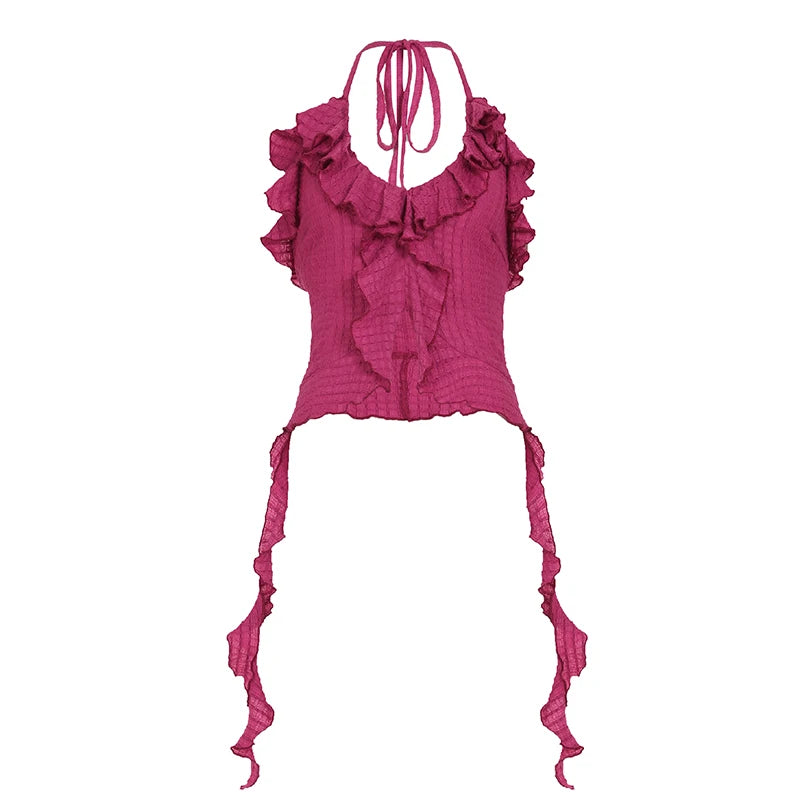 fashionStringy Selvedge Vacation Halter Camisole Irregular Sexy Slim Cropped Solid Backless Clothings Bodycon Chic Top