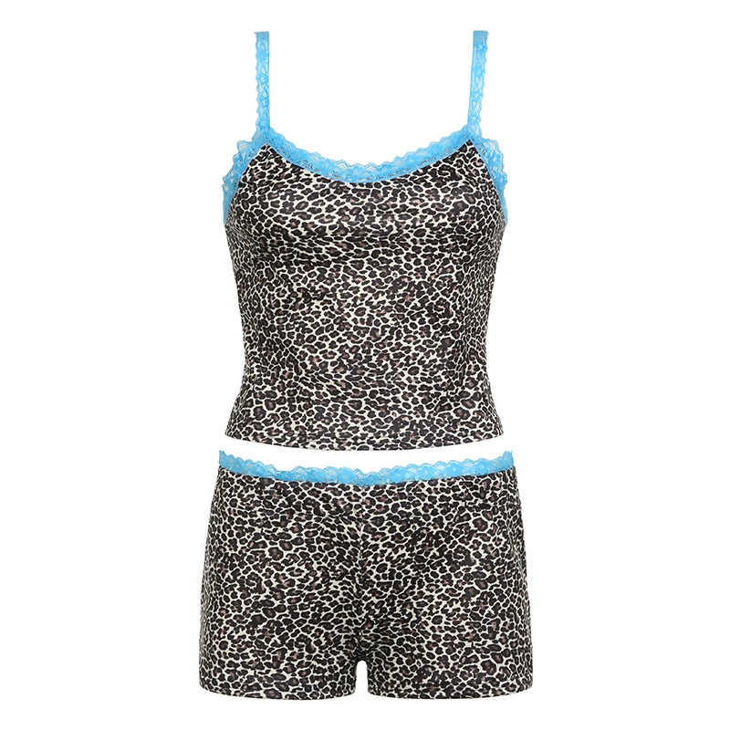 fashion   Sexy Women's Two Pieces of Sets Leopard Print Camisole and Slim Shorts Clothing Summer Lace Patchwork Outfits