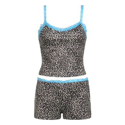 fashion   Sexy Women's Two Pieces of Sets Leopard Print Camisole and Slim Shorts Clothing Summer Lace Patchwork Outfits