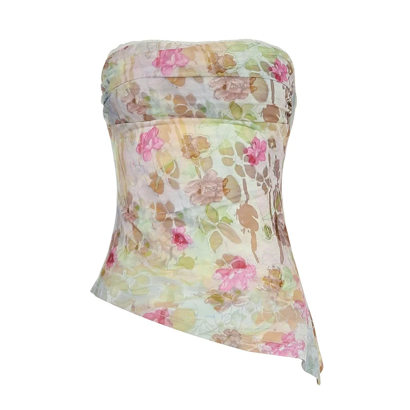 fashionFloral Print Sexy Strapless Top Chic Casual Slim Elegant Vintage Women's Clothing Clubwear Classic Fashion Vest