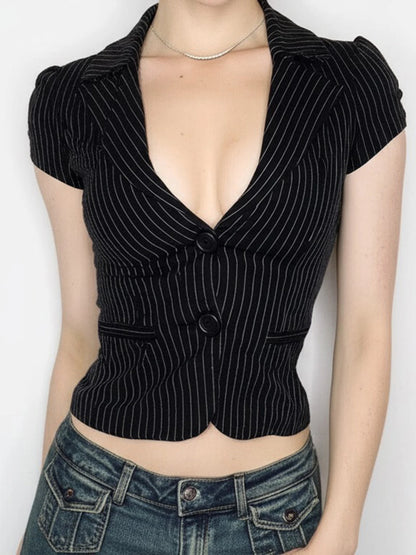 fashionStripe Button Crop Basic Tops 90s Casual Slim Sexy Fashion Y2k Streetwear Clothings Hottie Classic V-neck Outfits