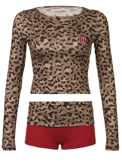 fashion Crewneck Y2K Vintage Two Pieces of Sets Leopard Print Tee Shirts anf Patchwork Shorts Outfits Women's Slim Cloth