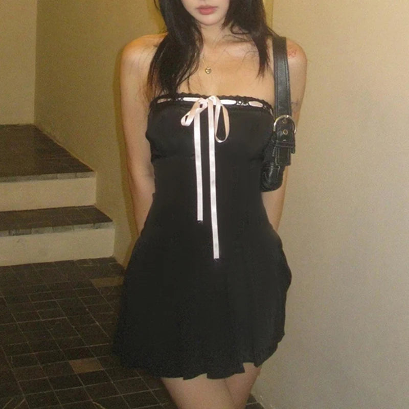 fashion Cute Patchwork Mini Dresses for Women Off Shoulder Chic A-line Party Dress Fashion Lace-up Black Summer Clothes