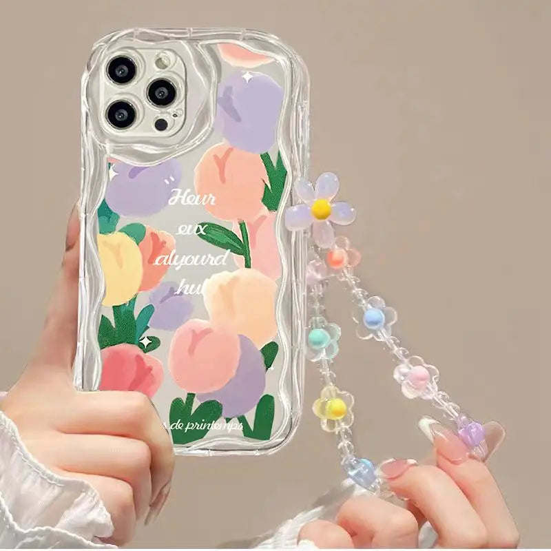 3D Flower Chain Lanyard Phone Case For Redmi Note 13 Pro Plus 5G 13C 4G Soft Wavy Edge Oil Painting Flowers Protective Cover