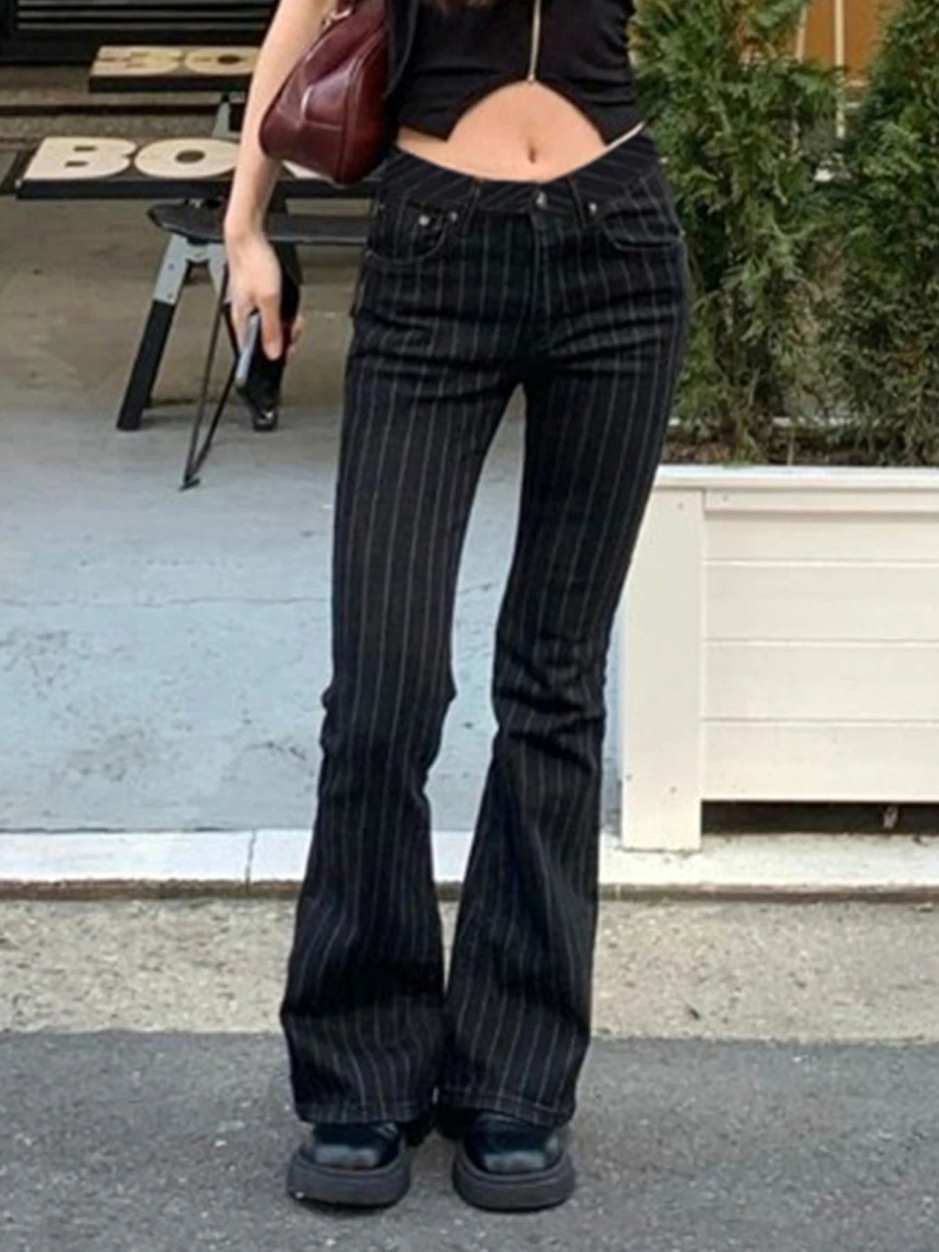 fashionStripe Slim Vintage Chic Jeans Zipper Pockets Fashion Low Waisted Button 90s Pants Streetwear All-match For Women