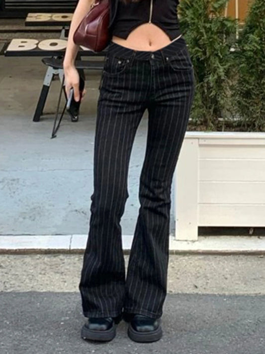 fashionStripe Slim Vintage Chic Jeans Zipper Pockets Fashion Low Waisted Button 90s Pants Streetwear All-match For Women