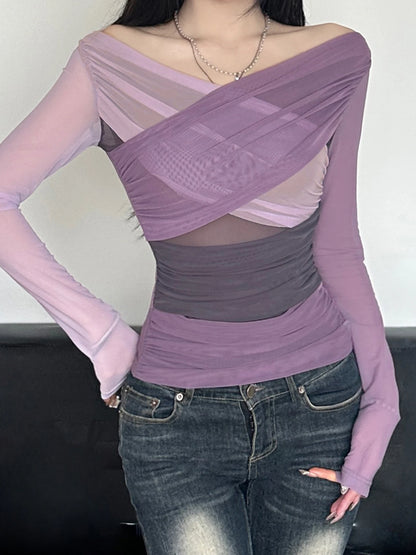 fashion Patchwork Asymmetry Slim Tee Shirts Long Sleeves V-neck Aesthetic Fashion Clothes Vintage Solid Women's Streetwear