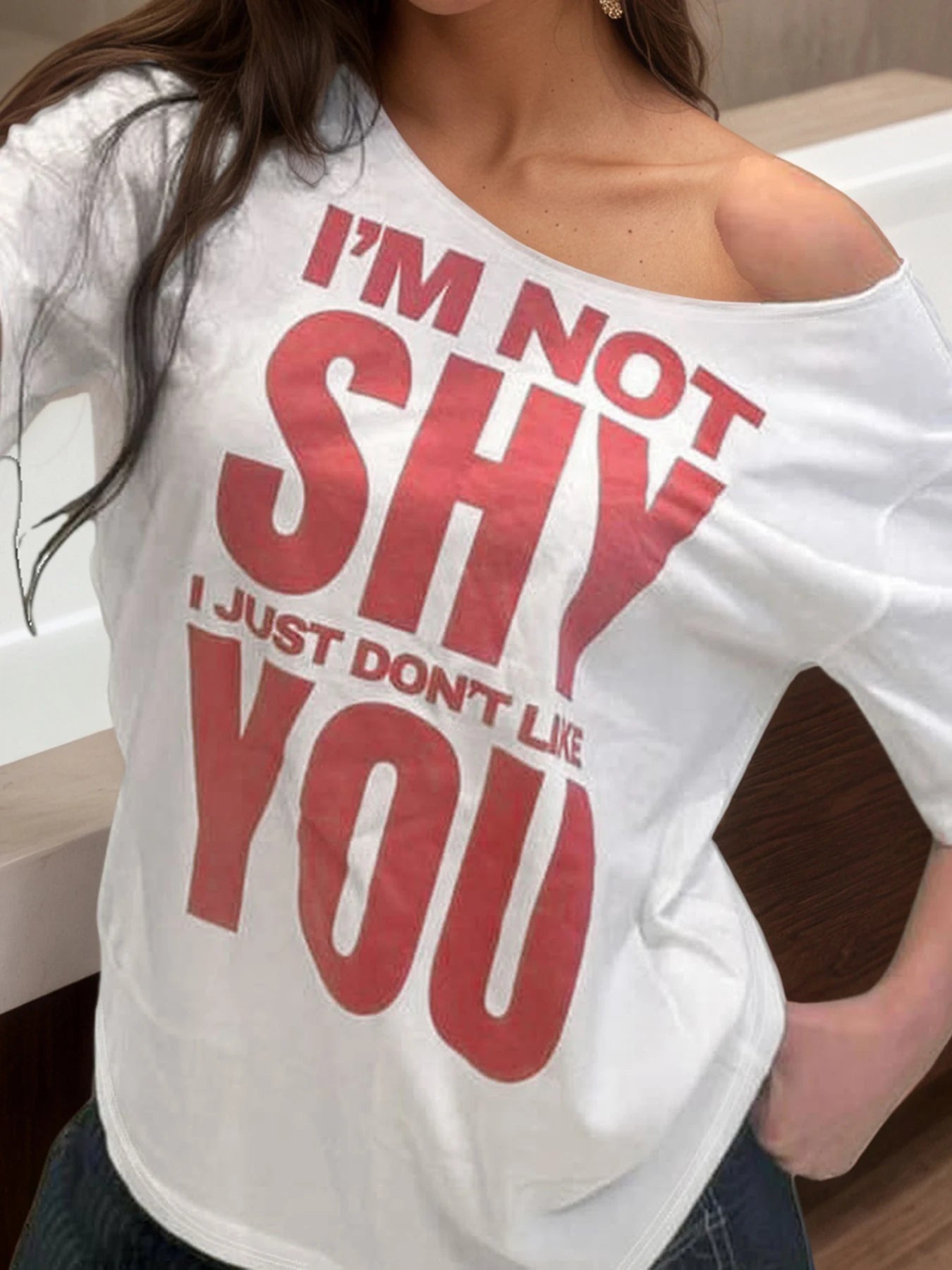 fashionLetter Print American Style Sexy Tops Off Shoulder Loose Fashion Casual Clothings Baggy Basic All-match Outfits