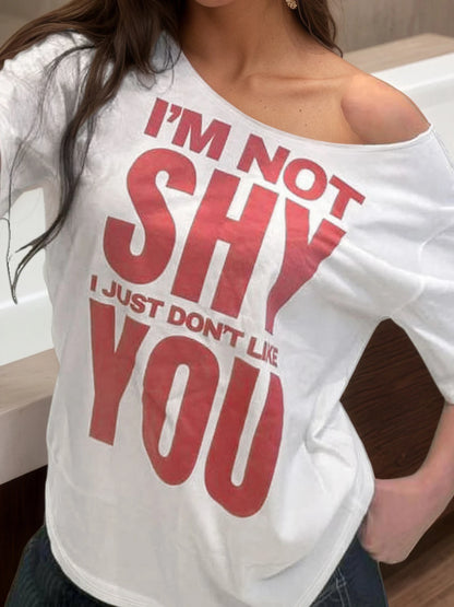 fashionLetter Print American Style Sexy Tops Off Shoulder Loose Fashion Casual Clothings Baggy Basic All-match Outfits