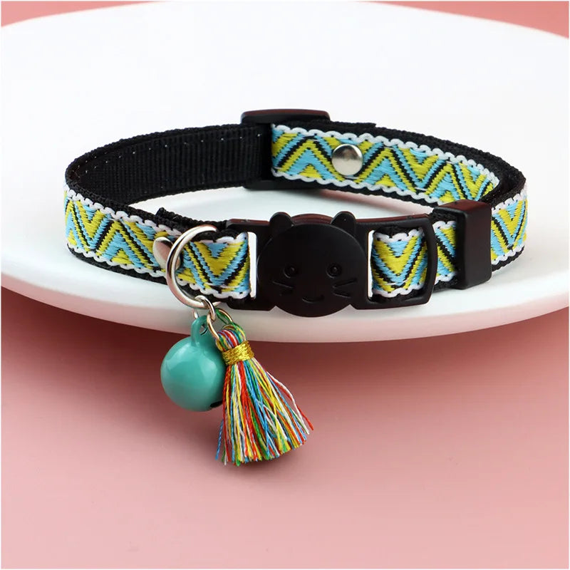 1pc Anti-suffocation Security Snap Cat Collar Jacquard Cat Necklace With Bell and Tassel Adjustable Puppy Collar Pet Accessories