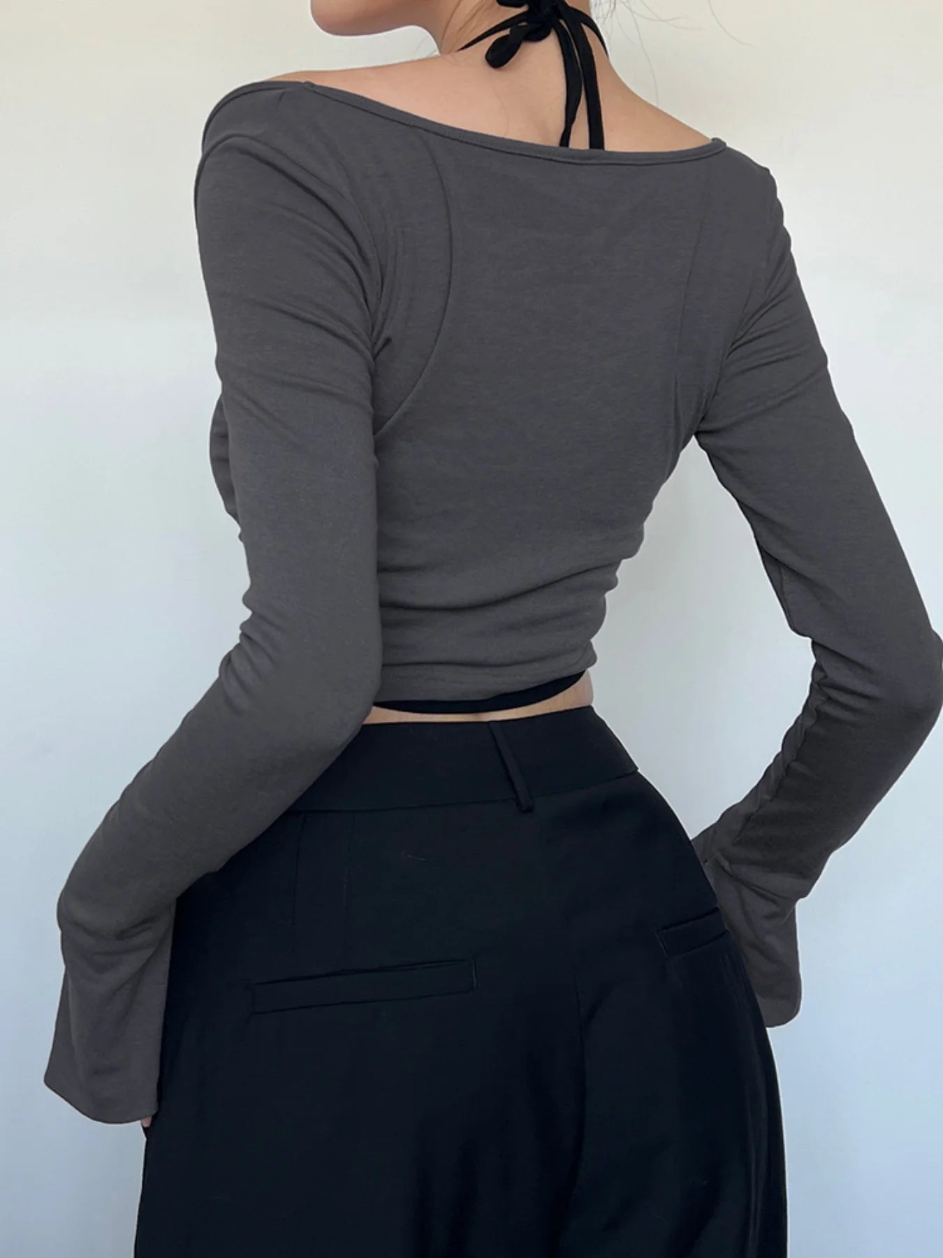 fashion Flare Sleeve Color Contrast Two-piece Top Set Halter Crop Casual Streetwear 90s Vinatge Suit Hottie Basic Twinset