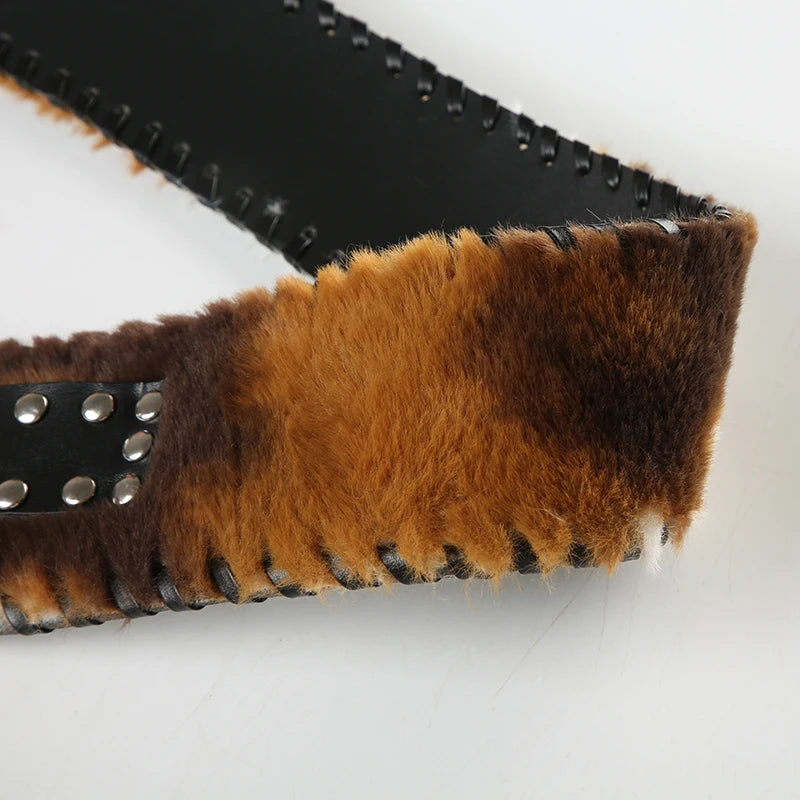 fashion New Cow Stripe Furry PU Belts Fairycore Grunge Leather Sashes Y2K Fashion Aesthetic Chic Adjustable Accessories