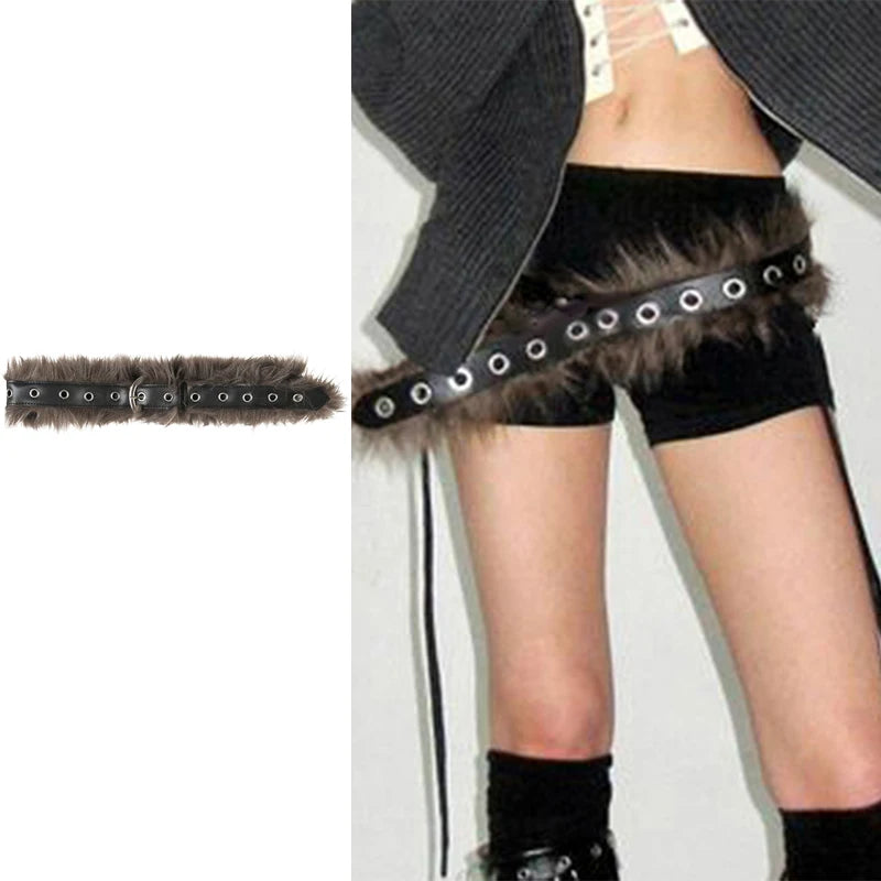 fashion Fur Patchwork   Aesthetic Belts Vintage Chic Hole Adjustable Accessories Retro Casual Rock Style Leather Belts