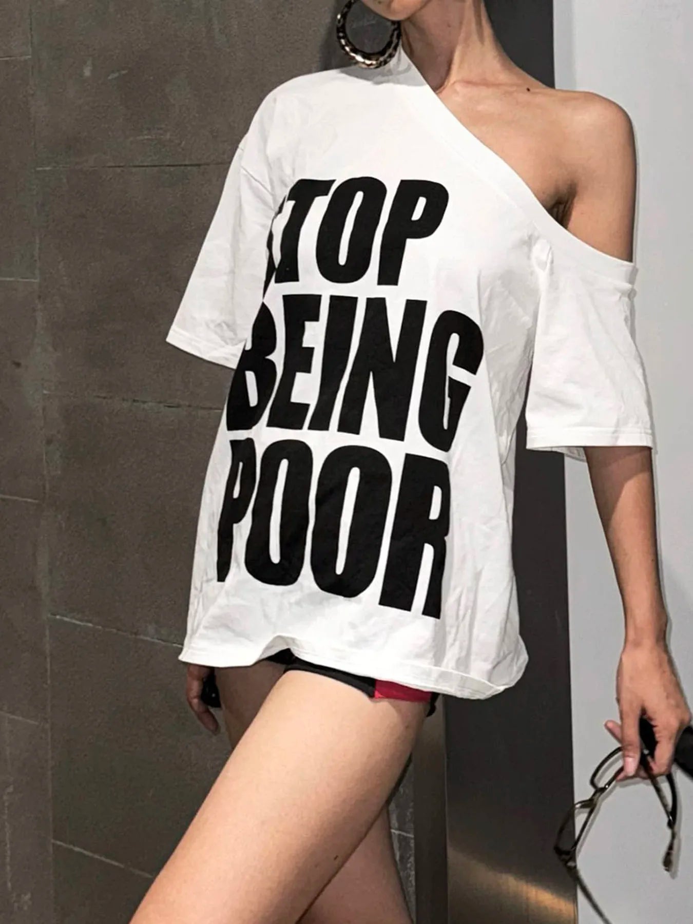 fashionLetter Print Skew Collar T-shirt Slim Short Sleeved Summer Streetwear Loose Tee Elastic Vintage 90s Casual Tops