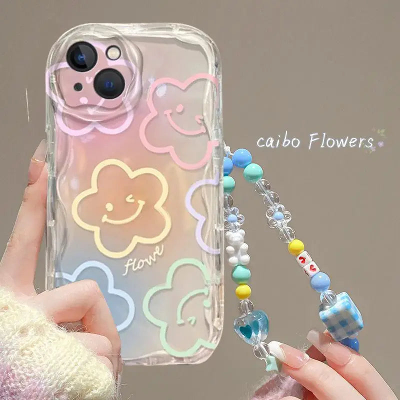 3D Flower Chain Lanyard Phone Case For Redmi Note 13 Pro Plus 5G 13C 4G Soft Wavy Edge Oil Painting Flowers Protective Cover