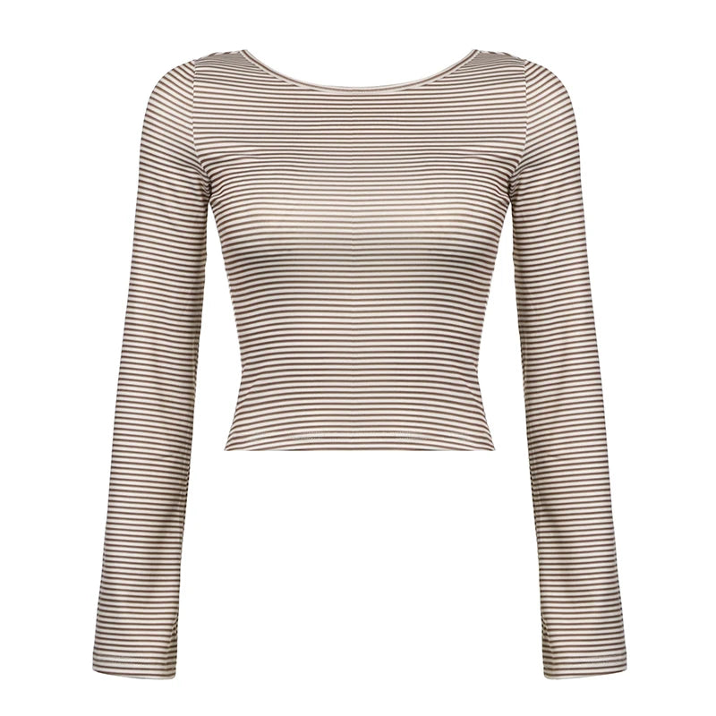 fashionStriped Print Crewneck Tops Backless Long Sleeves Vintage Harajuku Slim Shirts Streetwear Fashion Cute Korean Tees
