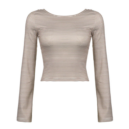fashionStriped Print Crewneck Tops Backless Long Sleeves Vintage Harajuku Slim Shirts Streetwear Fashion Cute Korean Tees
