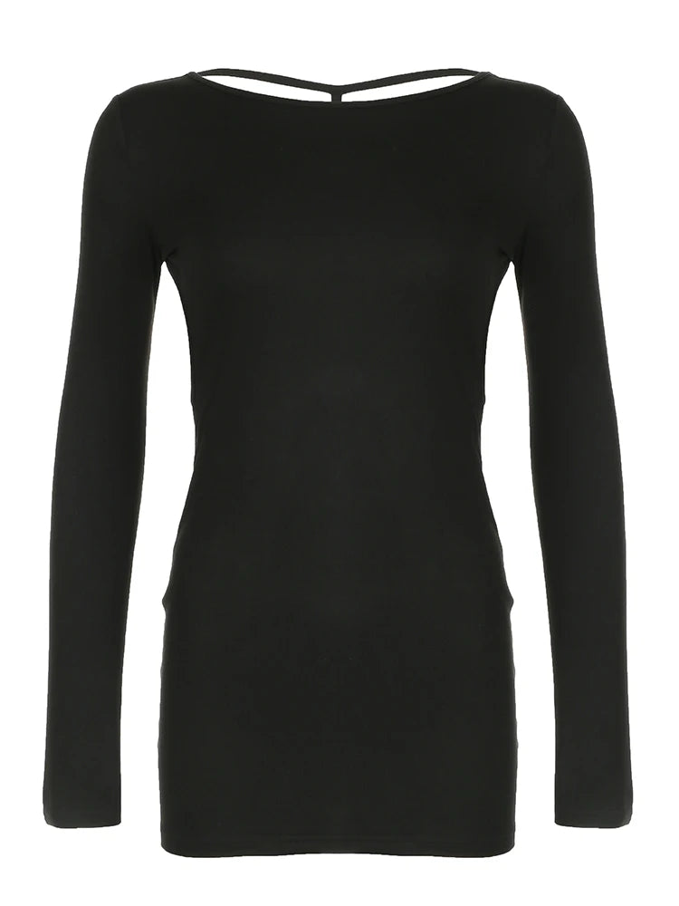 fashion Sexy Backless Bodycon Dresses Long Sleeves Solid Chic Crewneck Clubwear Pullovers Fashion Party Women Eveing Dress
