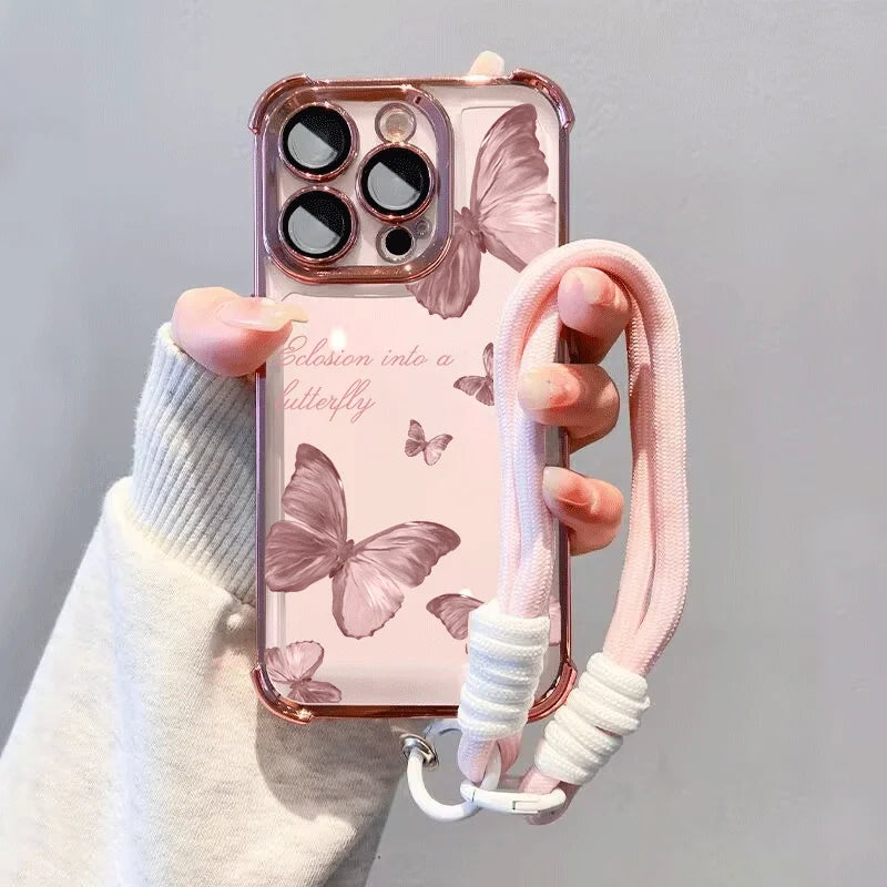 Luxury Butterfly Lanyard Rope Phone Case For Xiaomi POCO X7 X6 Pro F7 M7 X5 X3 F3 F4 F5 M4 M3 Mi 15T 14T Pro 15 Ultra 13 14 Skin