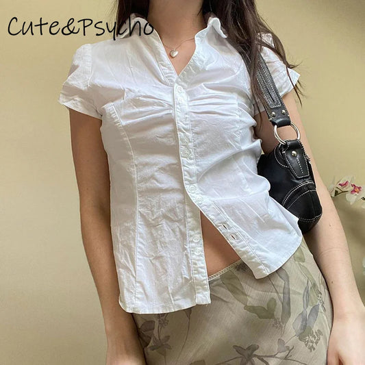 fashion Turn-Down Neck Solid Tee Shirts for Women Short Sleeves Aesthetic Y2K Tops Vintage Fashion Ruched Lace-up Clothes
