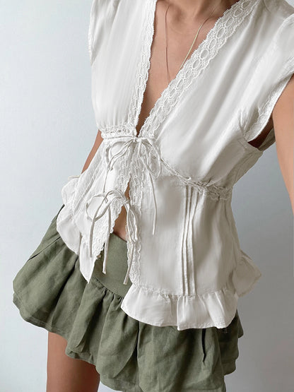 fashionCute Sexy Lace Patchwork Shirt Deep V-neck Casual White Slim Clothes Sleeveless Fashionable Women's Top