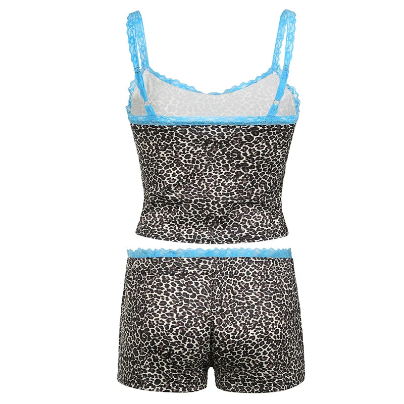 fashion   Sexy Women's Two Pieces of Sets Leopard Print Camisole and Slim Shorts Clothing Summer Lace Patchwork Outfits