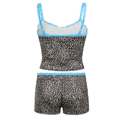 fashion   Sexy Women's Two Pieces of Sets Leopard Print Camisole and Slim Shorts Clothing Summer Lace Patchwork Outfits