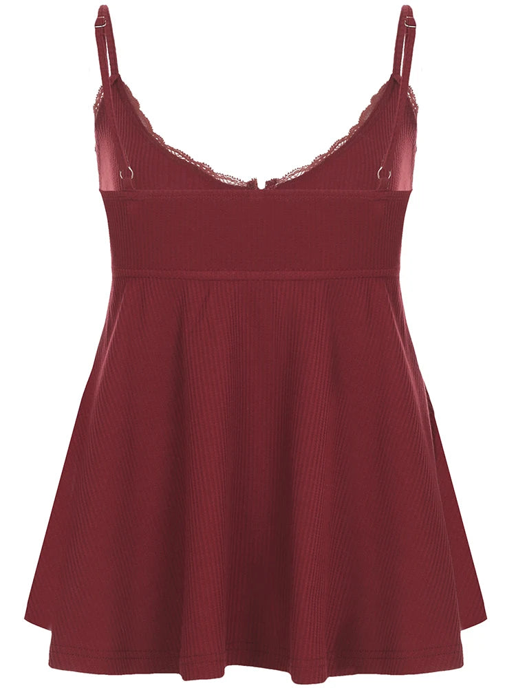 fashionSweet Bow Lace Camisoles Vintage Harajuku Chic Backless Red Tops Y2K Aesthetic Sleeveless Buttons Women's Outfits