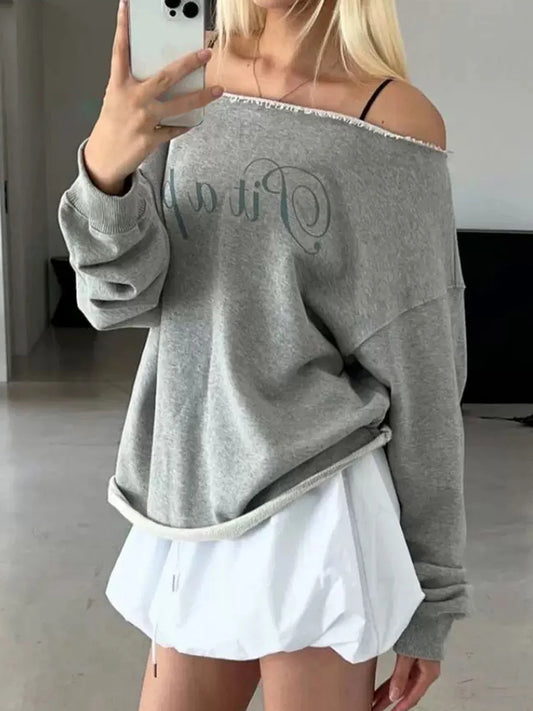 fashion Skew Collar Oversize Solid Seweatshirts Letter Print Elastic Vintage Loose Casual Outfit Harajuku Basic Korean Top