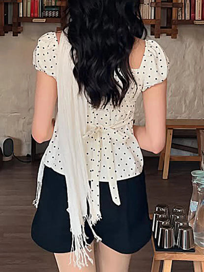 fashion Polka Dot Slim Buttom Casual Women's Clothing Square Collar Casual Chic Vintage Tops Streetwear Fold Basic T-shirt