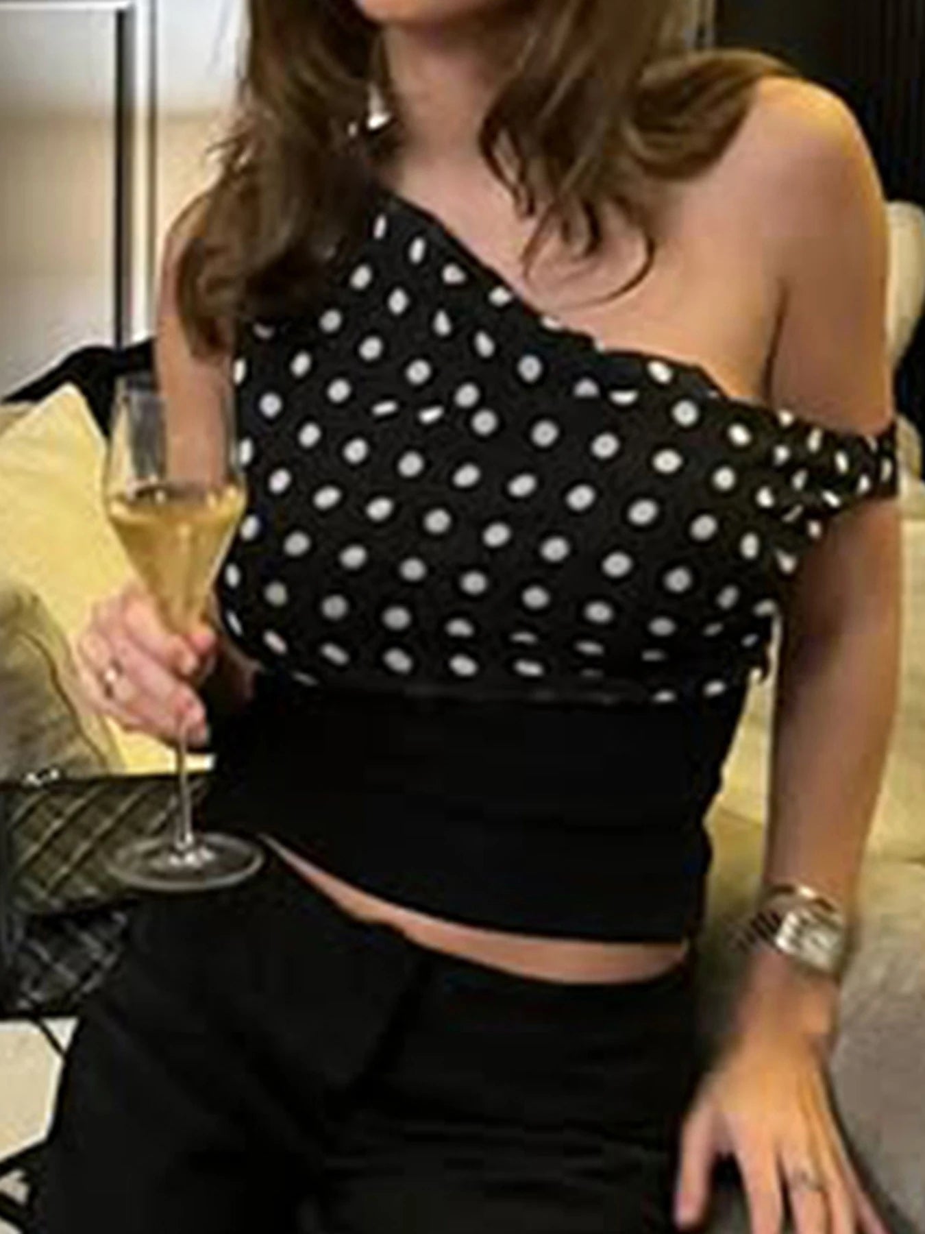 fashionPolka Dot Slim Patchwork Skew Collar Top Casual Chic Vintage Sleeveless Summer Clothings Streetwear Basic T-shirt