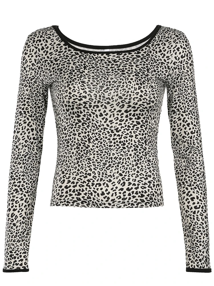 fashion Y2K Vintage Leopard Print Tee Shirts Long Sleeves Crewneck Aesthetic Cute Clothes Casual Basic Harajuku 90s Outfit