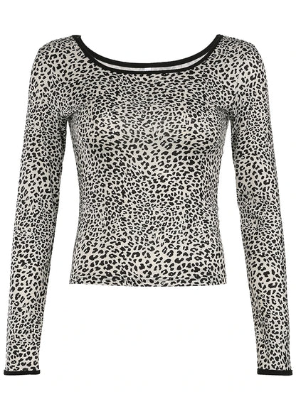 fashion Y2K Vintage Leopard Print Tee Shirts Long Sleeves Crewneck Aesthetic Cute Clothes Casual Basic Harajuku 90s Outfit